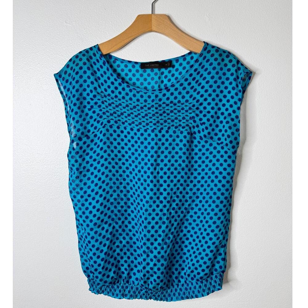The Limited X-Small Blue Polka Dot Chiffon Cap Sleeve Banded Waist Top Blouse